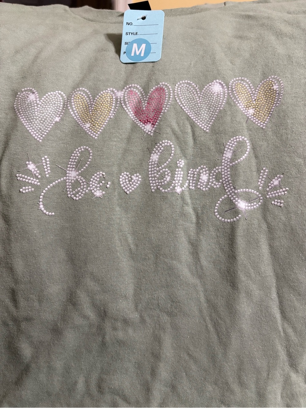 NEW Be Kind Rhinestone Heart Tee - Sage Green size Medium